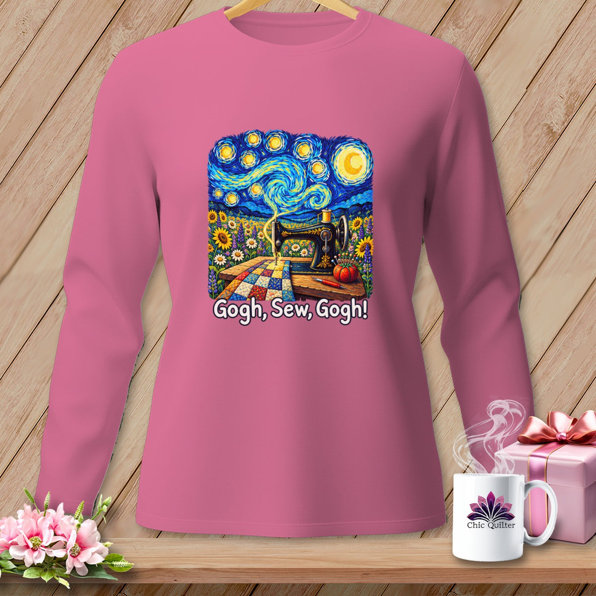 Pink long-sleeve shirt with "Gogh, Sew, Gogh!" sewing art and Chic Quilter logo.