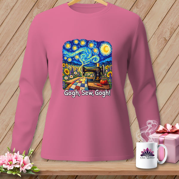 Pink long-sleeve shirt with "Gogh, Sew, Gogh!" sewing art and Chic Quilter logo.
