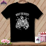 Black t-shirt featuring a cartoon duck holding a torn quilt with the text WHAT THE DUCK?!