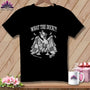 Black t-shirt featuring a cartoon duck holding a torn quilt with the text WHAT THE DUCK?!