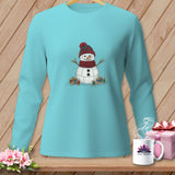 Aqua long-sleeve shirt with a quilted snowman graphic and spools of thread.