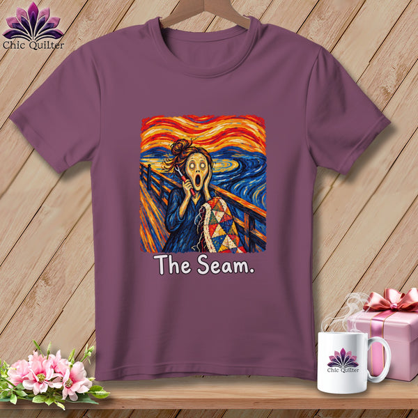 Plum t-shirt with "The Seam." graphic of Edvard Munch's The Scream.
