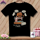 Jack-o'-lantern with sewing machine, ghosts, and text: 