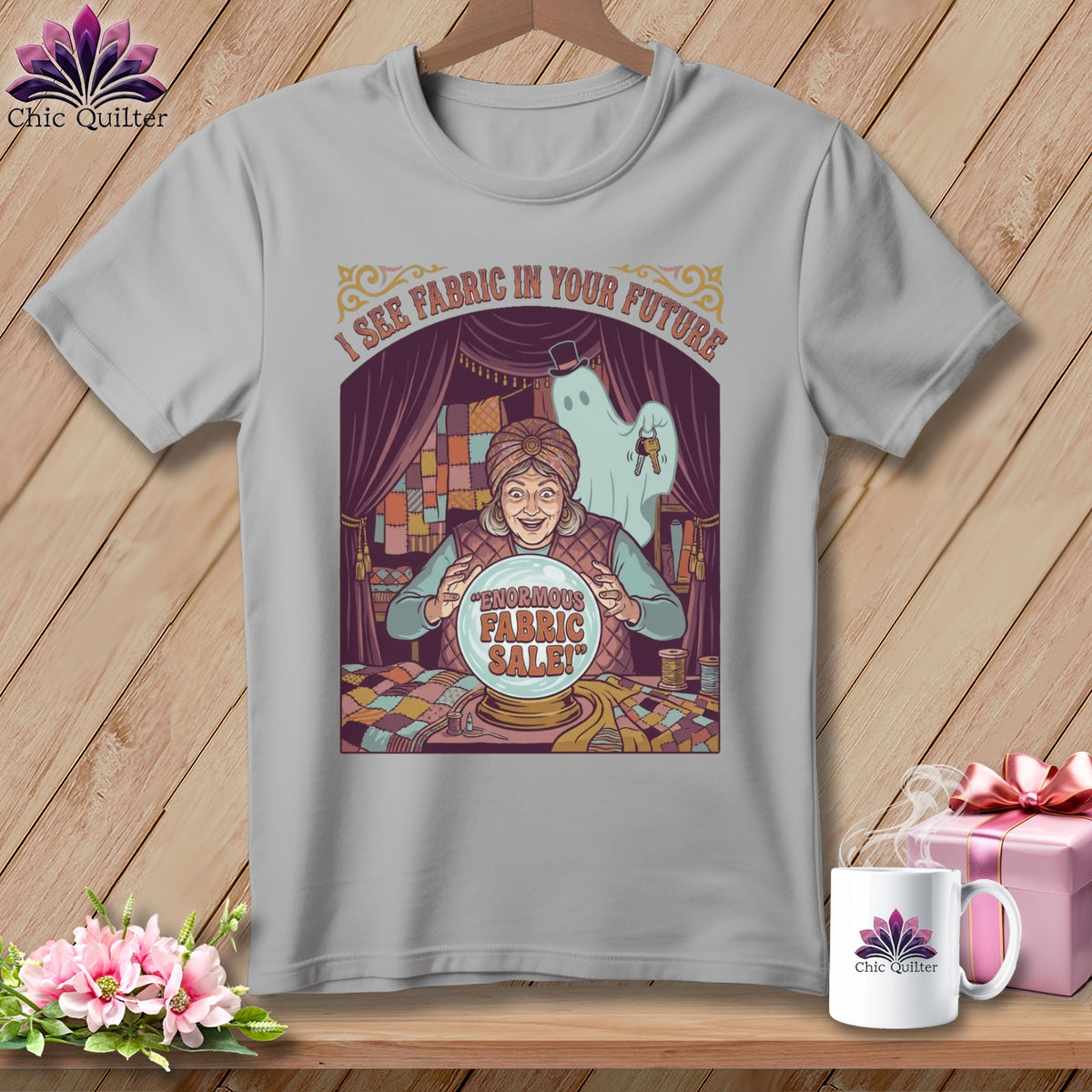 Fortune teller and ghost with text "I see fabric in your future" and "Enormous fabric sale!".