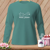 Teal long-sleeve shirt with sewing machine, mountains, and text 