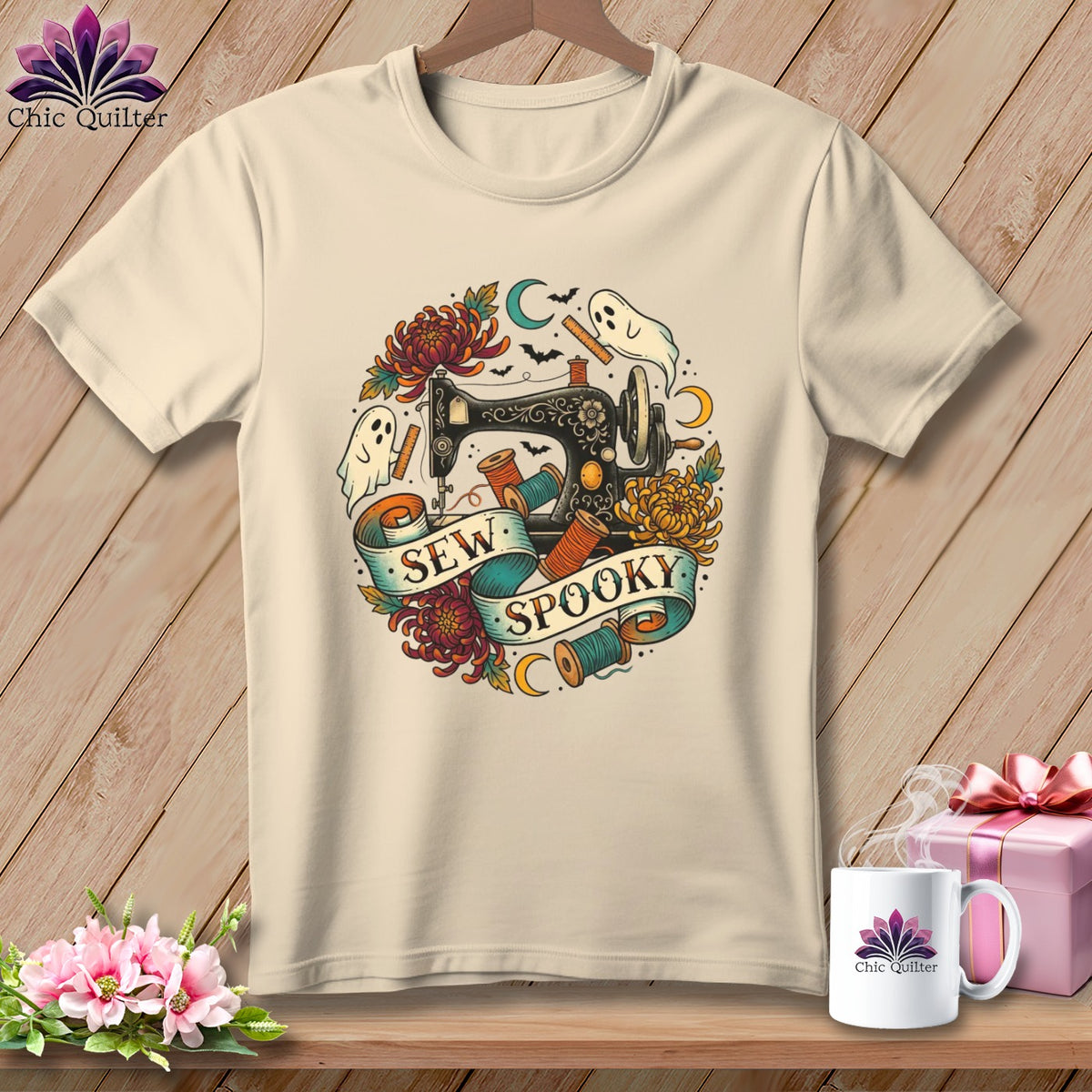 T-shirt with vintage sewing machine, ghosts, flowers, and text "Sew Spooky".