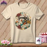 T-shirt with vintage sewing machine, ghosts, flowers, and text 