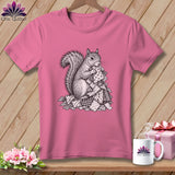 Pink t-shirt hanging on a wooden wall, featuring a black-and-white graphic of a squirrel holding fabric scraps.