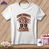 A white t-shirt features a Cincinnati tiger graphic with the text 99 Stash League.