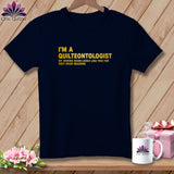 Navy t-shirt with yellow text reading 
