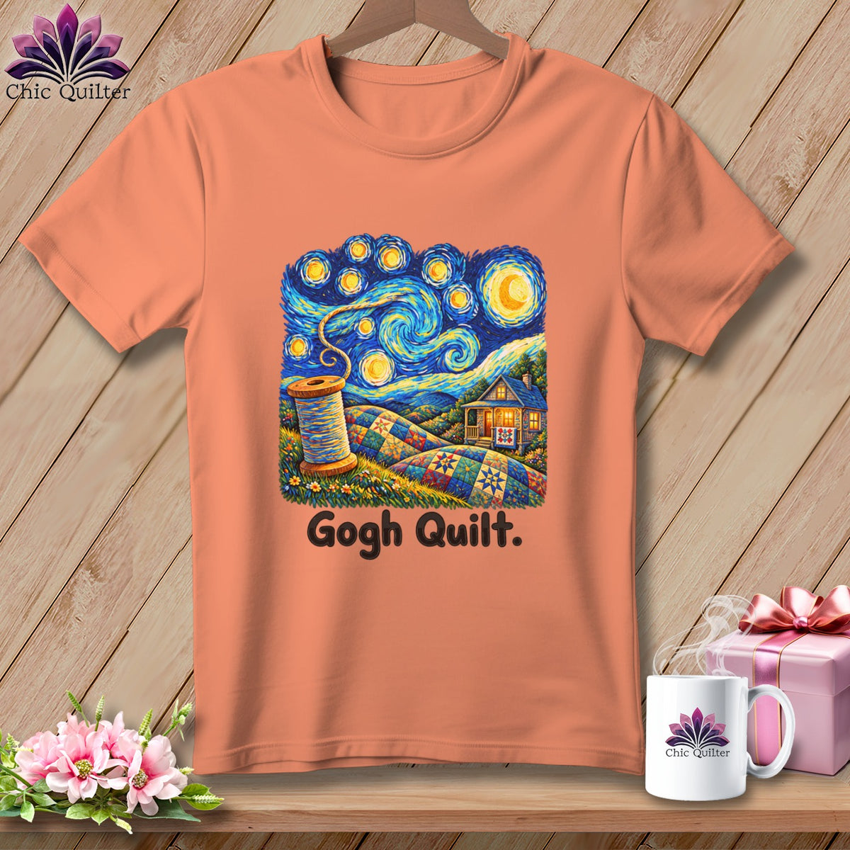 Orange t-shirt with Van Gogh-inspired quilt design and "Gogh Quilt." text.