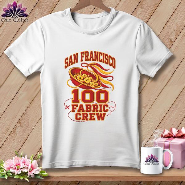 A white crewneck t-shirt features a graphic with the text San Francisco 100 Fabric Crew.