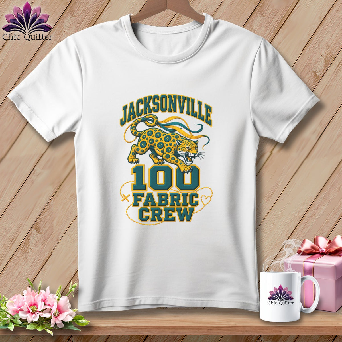 A white t-shirt features a Jacksonville Fabric Crew graphic with a jaguar and buttons.