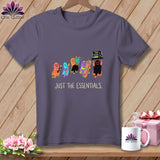 Purple t-shirt with cartoon ghosts holding sewing items and the text 