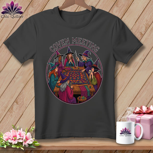 Witches gathered around a table for a "Coven Meeting" quilting session.