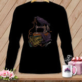 Black long-sleeve shirt with ravens, sewing machine, and 