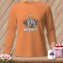 Orange long-sleeved shirt with a graphic of a fabric stack and "NEEDED IT." text.