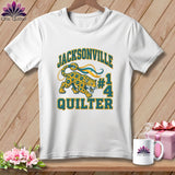 White crewneck t-shirt featuring a Jacksonville Quilter graphic with a jaguar and number fourteen.
