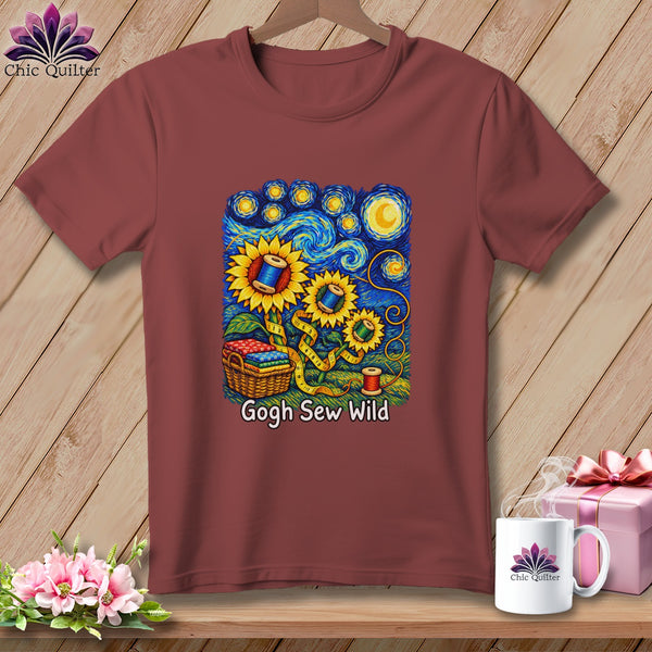 Maroon t-shirt with "Gogh Sew Wild" text and a Van Gogh-inspired sewing design.