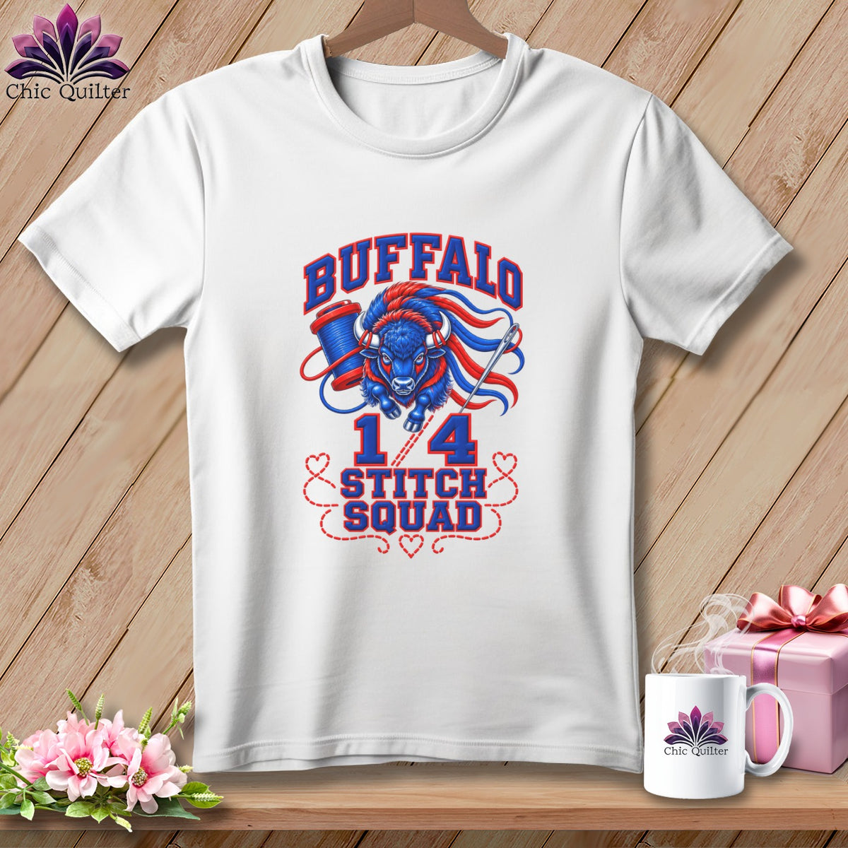 A white short-sleeve t-shirt features a blue and red buffalo graphic, sewing elements, and the text "Buffalo 1/4 Stitch Squad."