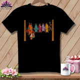 Black t-shirt with line of colorful patchwork bats hanging on a clothesline.