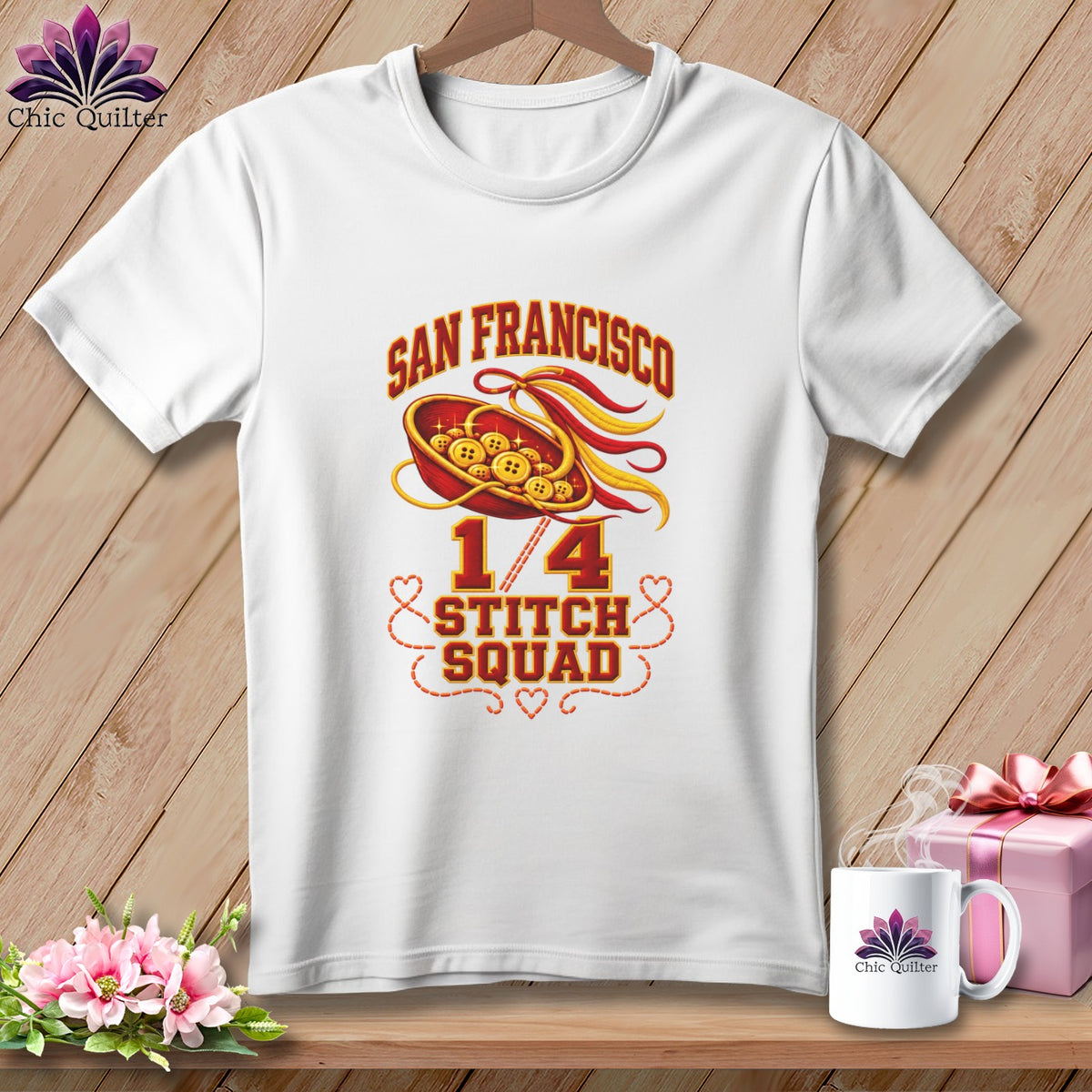 White t-shirt with San Francisco 1/4 Stitch Squad graphic featuring a sewing basket full of buttons.