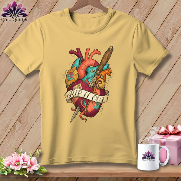 Yellow t-shirt with a heart and dagger graphic that says "RIP IT OUT."