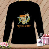 Black long-sleeve shirt with a woman and cat graphic and text 