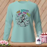 Light blue long-sleeve shirt with graphic of running woman and text 
