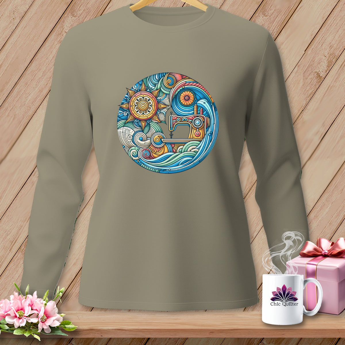 Long-sleeved shirt with a circular sewing machine and sun design, "Chic Quilter" mug.