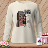 Long sleeve shirt graphic with witch, skeleton, and fabric stash text.