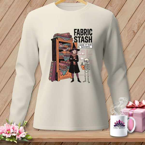 Long sleeve shirt graphic with witch, skeleton, and fabric stash text.
