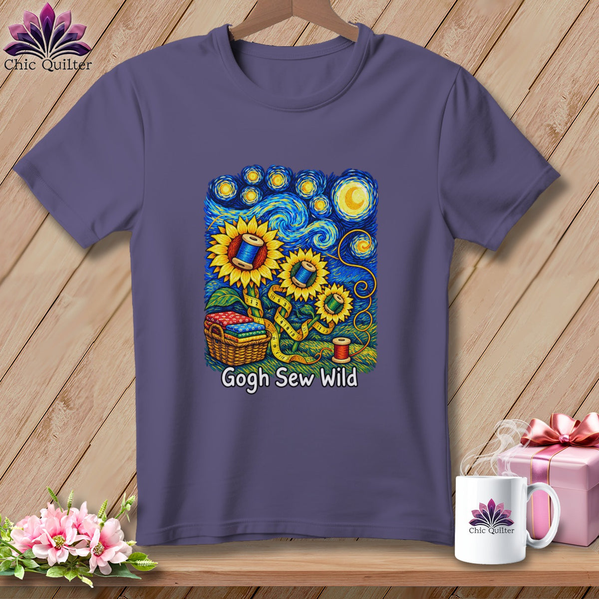 Purple t-shirt with sunflowers, sewing basket, and text "Gogh Sew Wild."