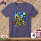 Purple t-shirt with sunflowers, sewing basket, and text 