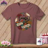 T-shirt with vintage sewing machine, ghosts, and 