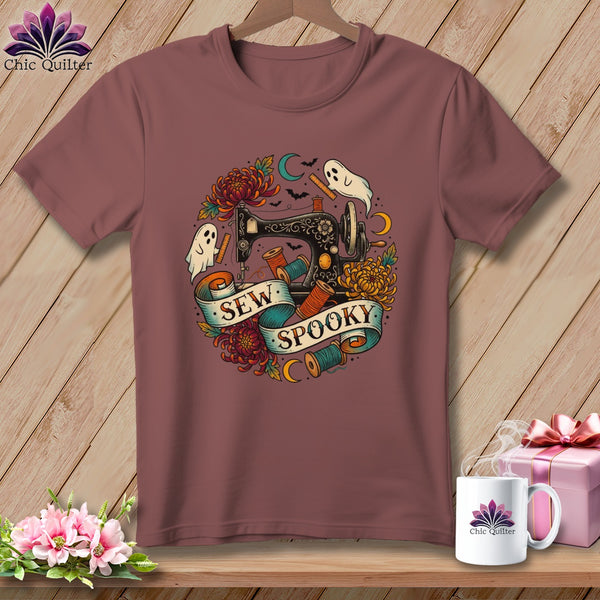 T-shirt with vintage sewing machine, ghosts, and "Sew Spooky" text.