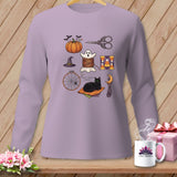 Purple long-sleeve shirt with Halloween-themed sewing illustrations and text.