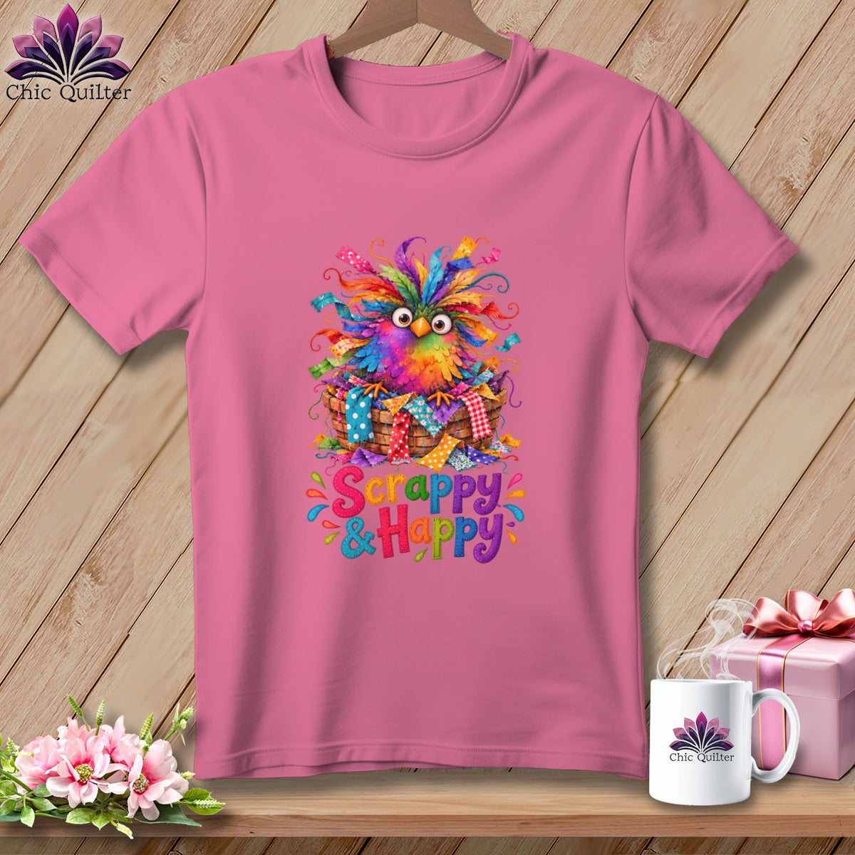 Pink t-shirt with a colorful owl in a scrap basket graphic and Scrappy & Happy text.