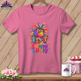 Pink t-shirt with a colorful owl in a scrap basket graphic and Scrappy & Happy text.
