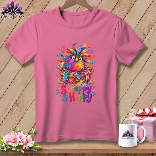Pink t-shirt with a colorful owl in a scrap basket graphic and Scrappy & Happy text.