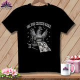 Black t-shirt with a chicken on a sewing machine and the text 