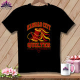 Black t-shirt featuring a red spool of thread graphic with text reading Kansas City Quilter All Pro Stitcher.