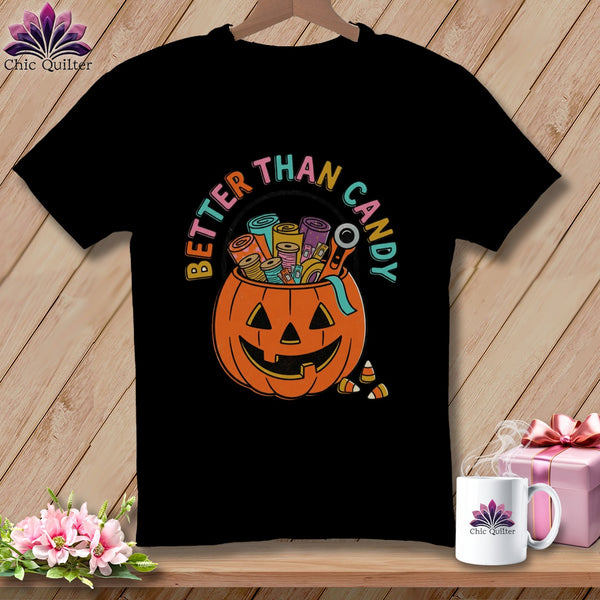 Black t-shirt with pumpkin graphic and "Better Than Candy" text.