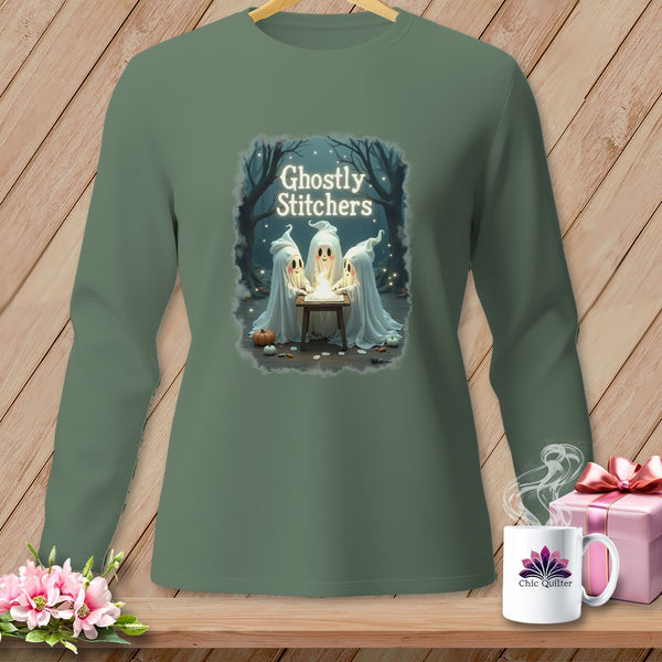 Long sleeve shirt with "Ghostly Stitchers" text featuring three cute ghosts around a campfire.