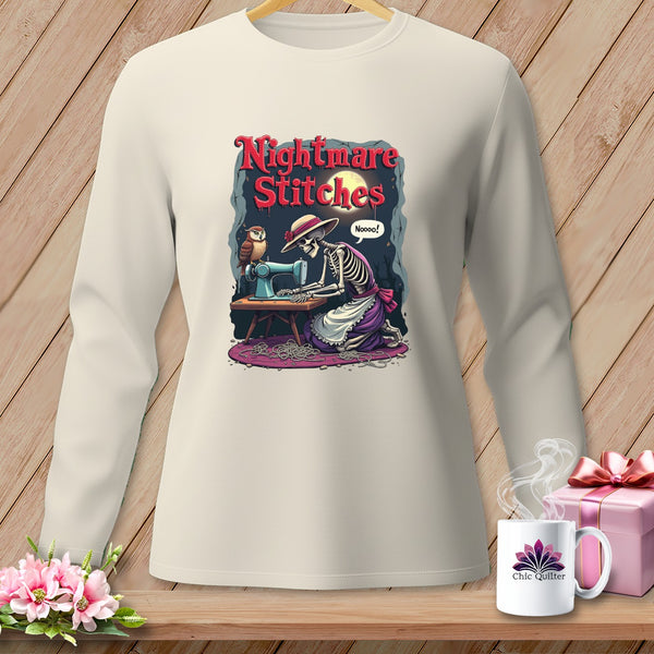 Skeleton sewing with owl, "Nightmare Stitches" text, on cream long-sleeve shirt.