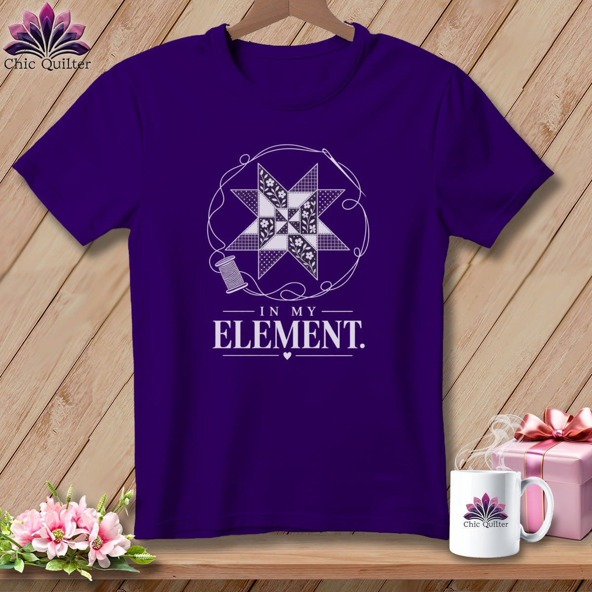Purple t-shirt with quilting block graphic and text "In My Element".