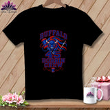 Black t-shirt featuring a graphic of a blue buffalo, sewing elements, and the text Buffalo Bobbin Crew 45.