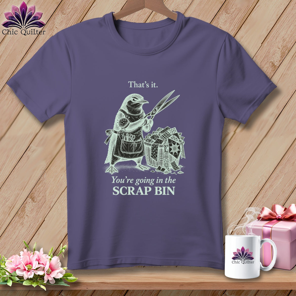 Bird in apron holding scissors with "That's it. You're going in the SCRAP BIN." text.
