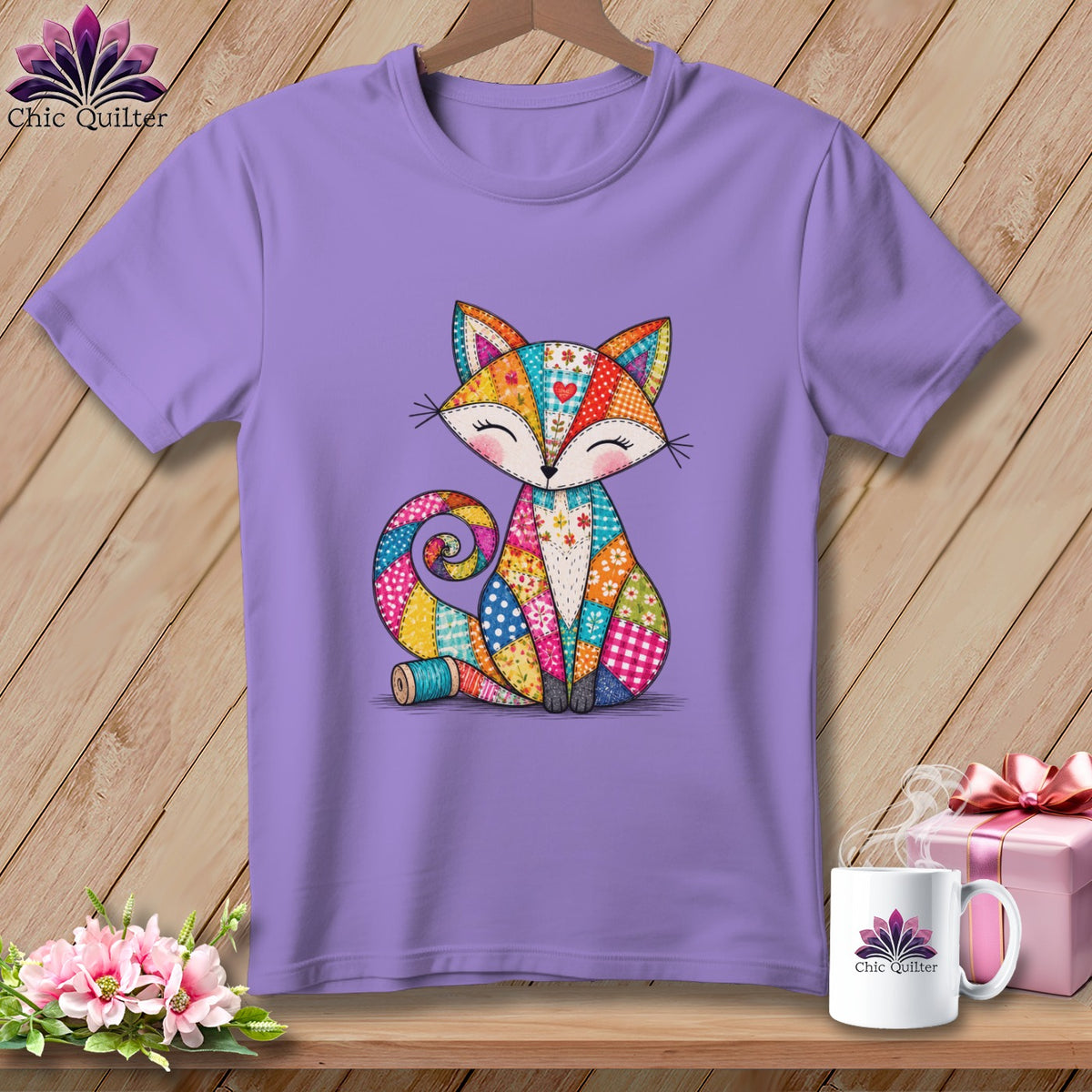 A purple crewneck t-shirt featuring a colorful patchwork fox graphic, hanging on a wooden background.