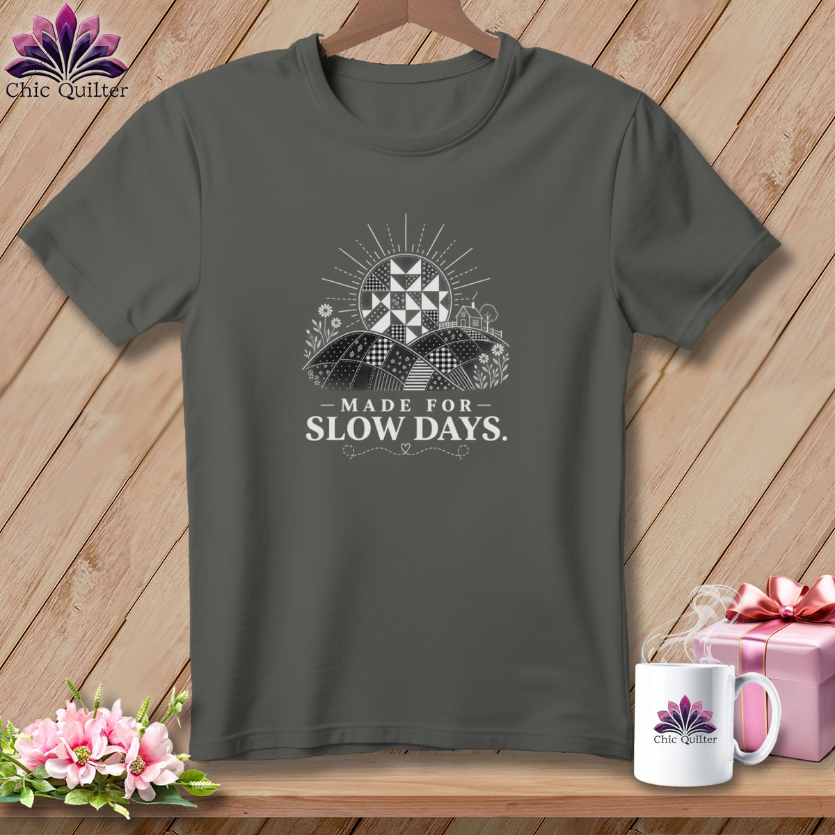 Dark grey t-shirt with "Made for Slow Days" text and a quilted landscape graphic.